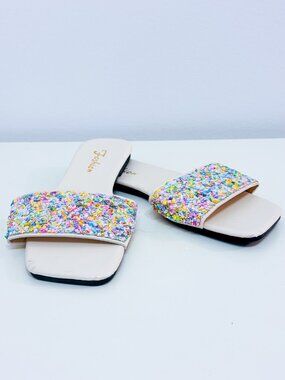 FASHION White Slide Sandals | Multicolor Glitter Festival | Size 40